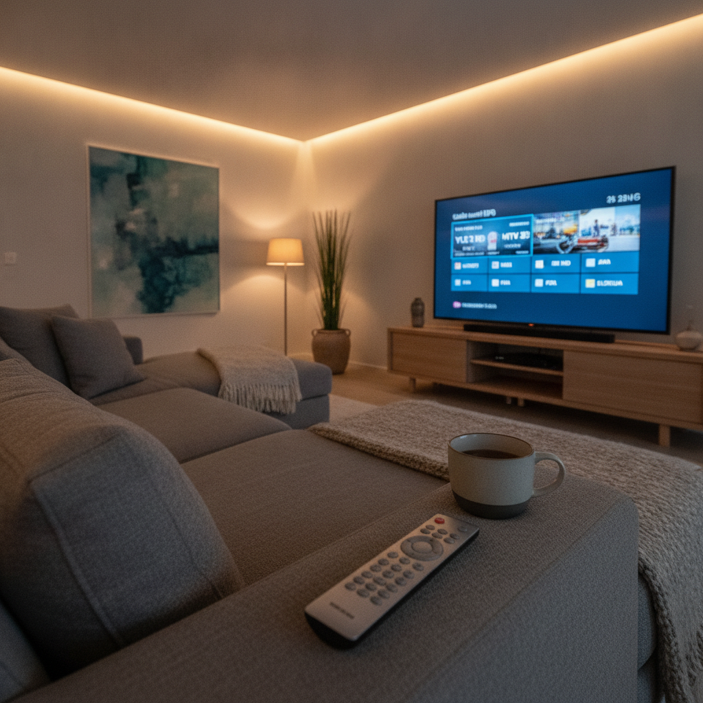 iptv suomi kanavavalikoimaopas näytettynä olohuoneen älytelevisioruudulla illalla