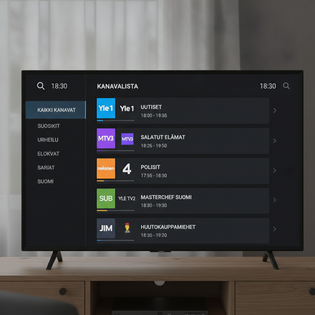 iptv finland TiviMate-sovelluksen kanavalistanäkymä tummalla teemalla Android TV -laitteessa