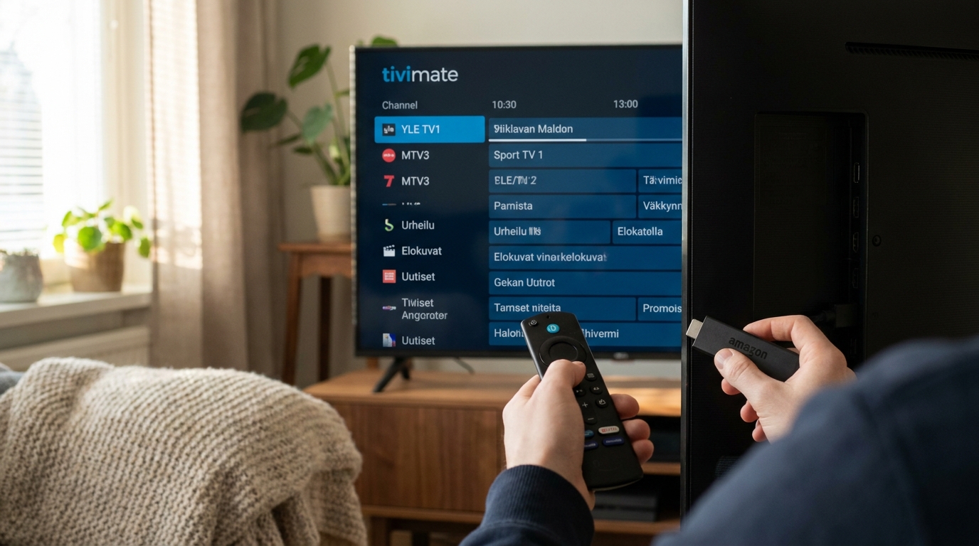 iptv suomi kokemuksia Tivimate-sovelluksessa Amazon Fire TV Stick -laitteella suomalainen kanavaluettelo näkyvillä