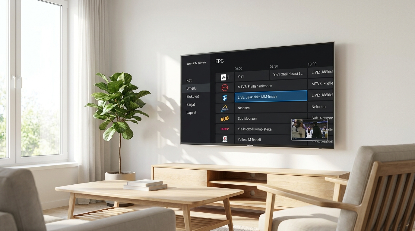 paras iptv palvelu kanavaopas Smart TV -näytöllä suomalaisessa olohuoneessa