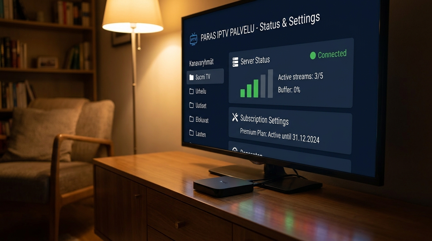 paras iptv palvelu TiviMate-sovelluksen asetukset ja palvelintilanäkymä Android TV -boksilla