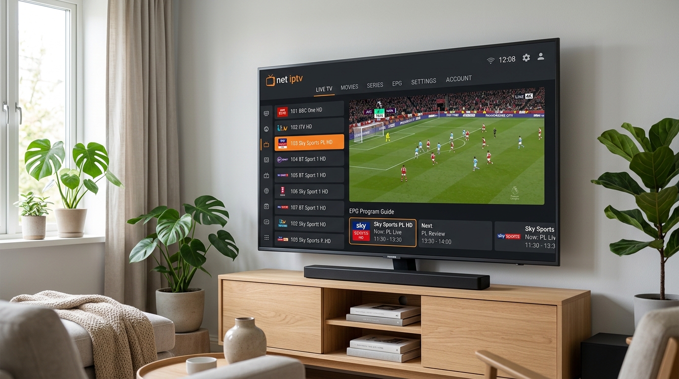 net iptv -sovelluksen kanavaluettelo ja EPG-ohjelmaopas Samsung Smart TV:n ruudulla pohjoismaisessa olohuoneessa