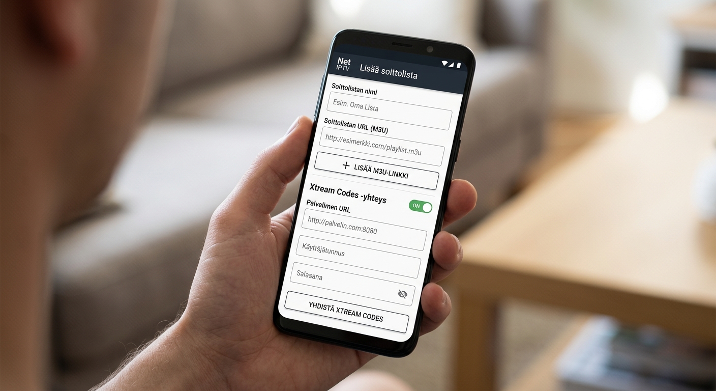 net iptv -sovelluksen soittolistan lisäysnäkymä Android-puhelimella, M3U URL ja Xtream Codes -kentät näkyvissä