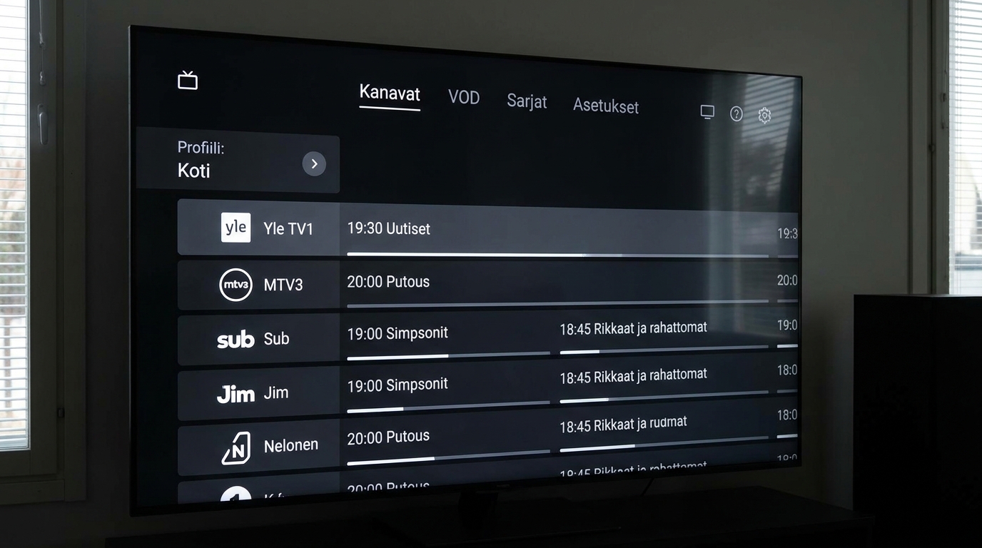 iptv sovellus Android TV -näytöllä näyttäen EPG-ohjelmaoppaan kanavalistauksella