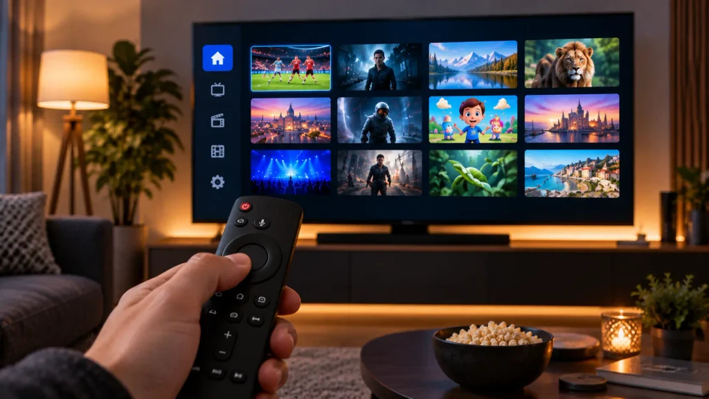 Android TV -laitteen kaukosäädin ja IPTV-sovelluksen käyttöliittymä televisiossa