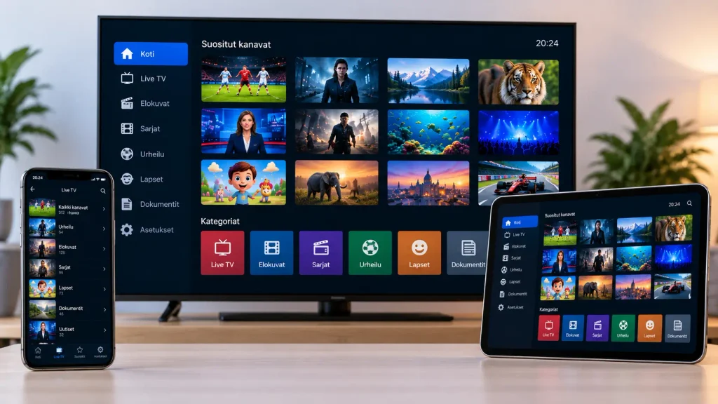 IPTV-sovellus käytössä samanaikaisesti televisiossa, puhelimessa ja tabletissa