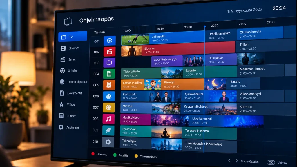 Havainnekuva IPTV-sovelluksen EPG-ohjelmaoppaasta aikatauluineen