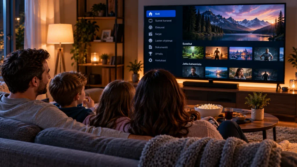 Perhe katsoo IPTV-sovelluksella suoratoistettua ohjelmaa olohuoneessa