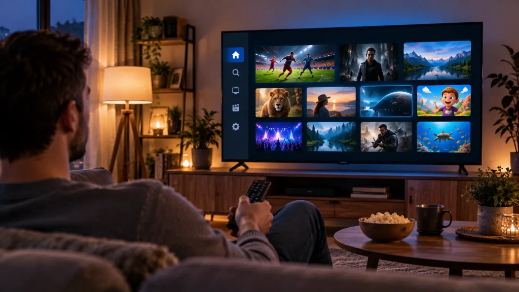 Käyttäjä katsoo Smart IPTV -sovelluksella suoratoistettua sisältöä olohuoneessa