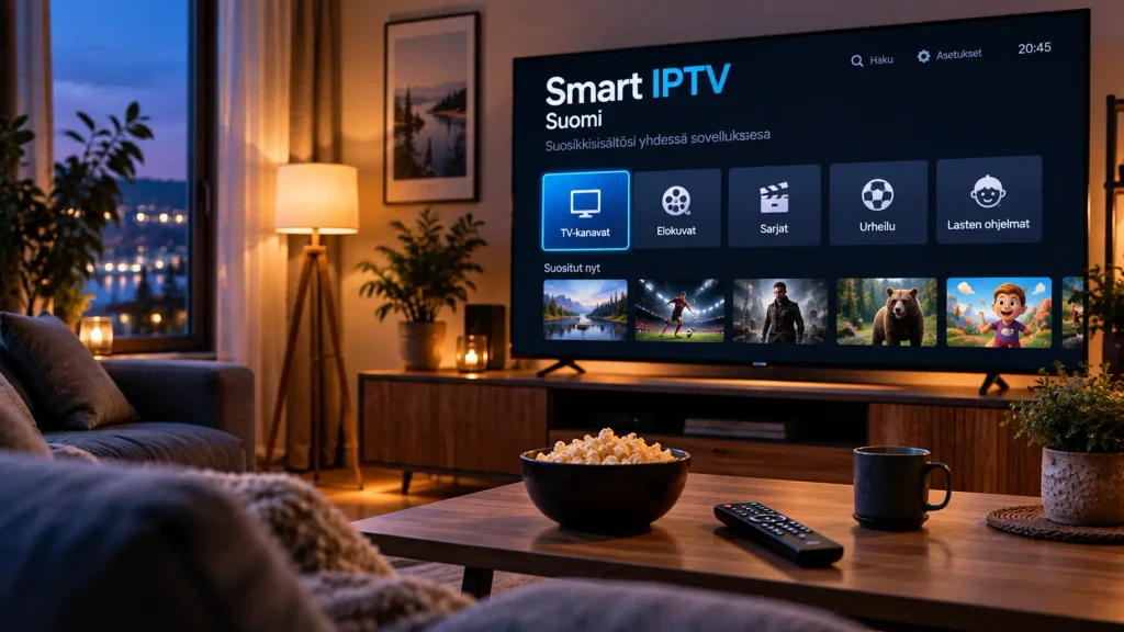 Smart IPTV -sovelluksen käyttöliittymä näkyy Smart TV:n näytöllä