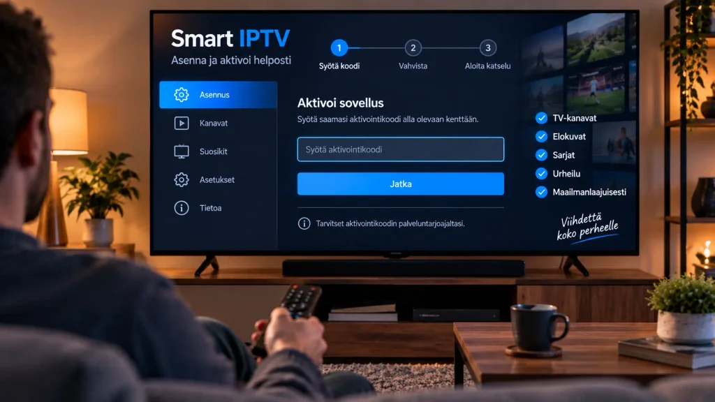Smart IPTV -sovelluksen asennus- ja aktivointivaihe television näytöllä